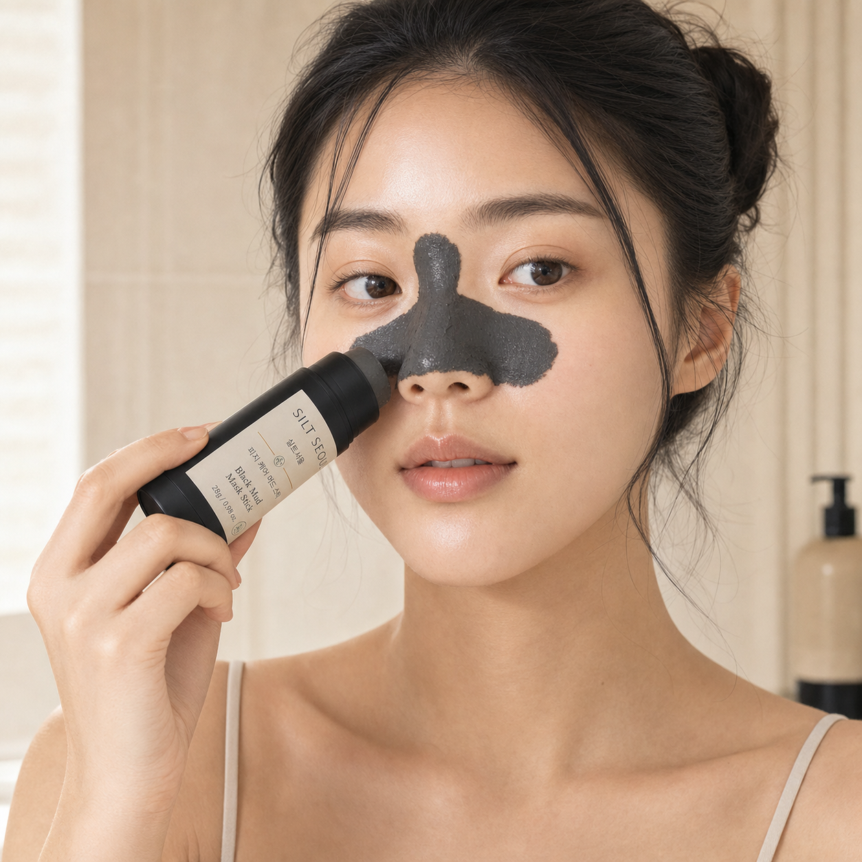 Korean model applying SILT SEOUL Black Mud Mask Stick on the T-zone