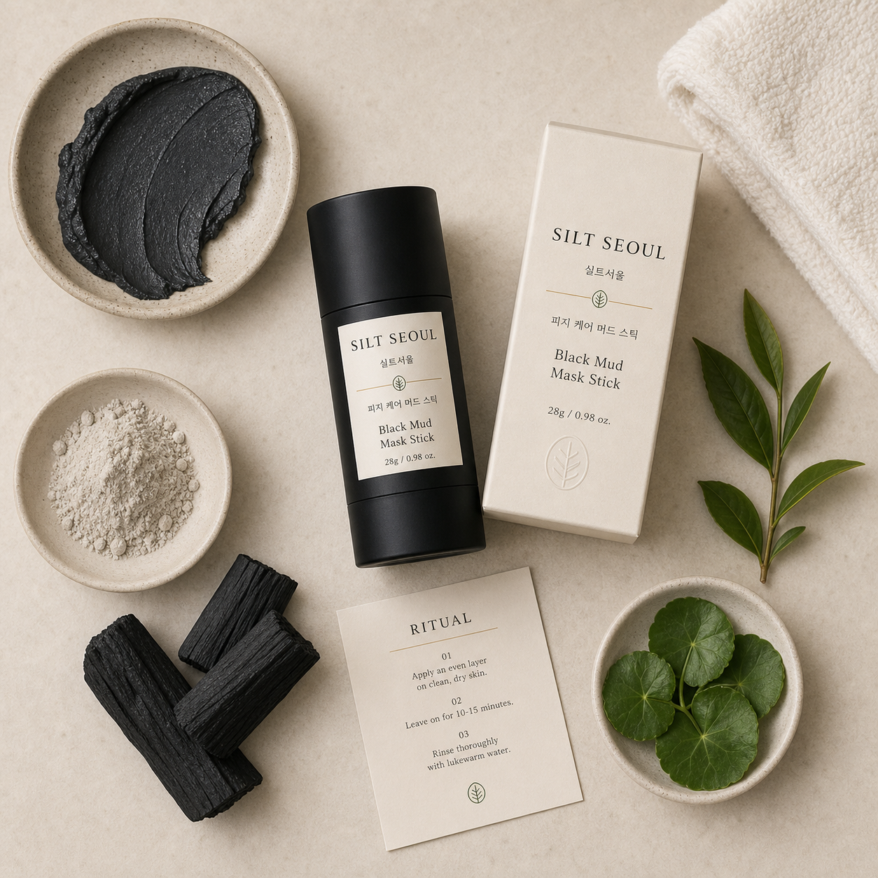 SILT SEOUL black mud mask stick with clay, charcoal, green tea, centella, towel, and ritual card